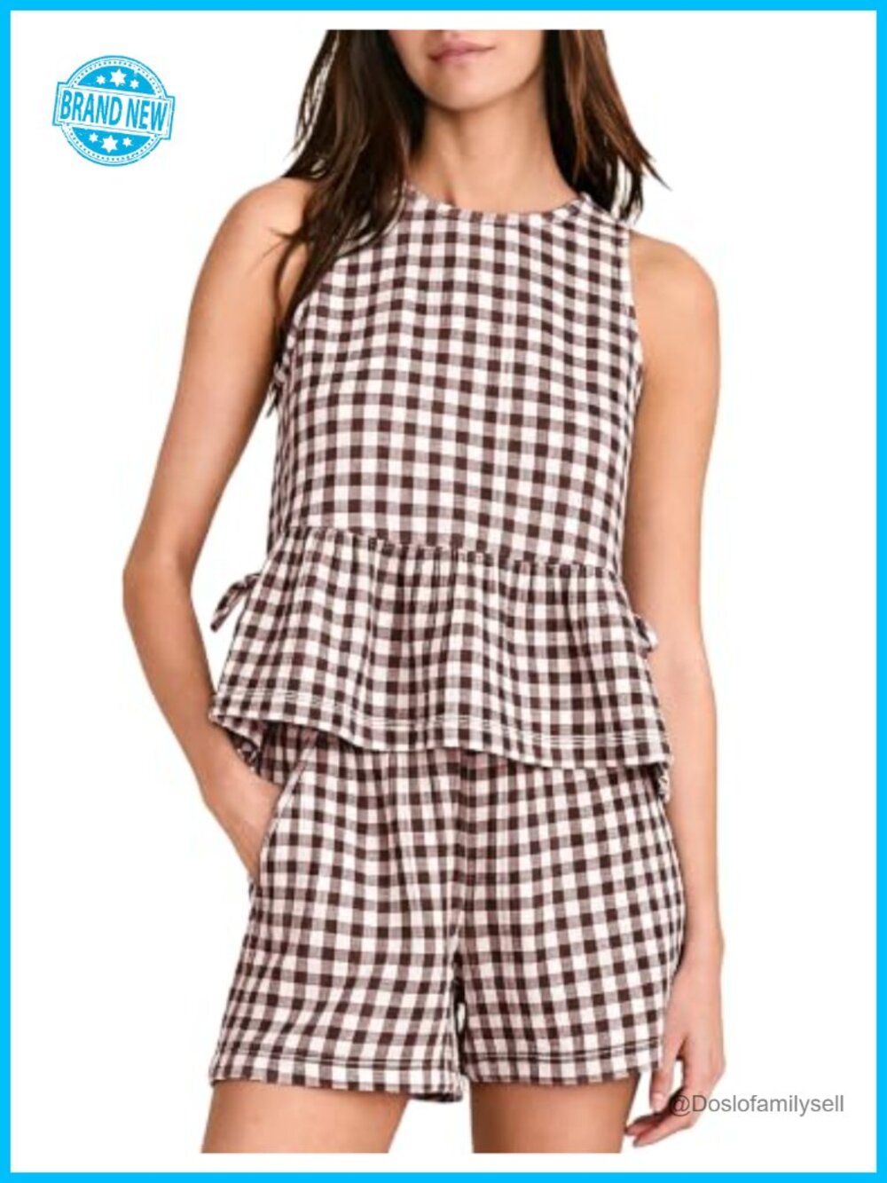 Womens 2 Piece Cotton Gingham Tank Top and Shorts Lounge Set Sleeveless